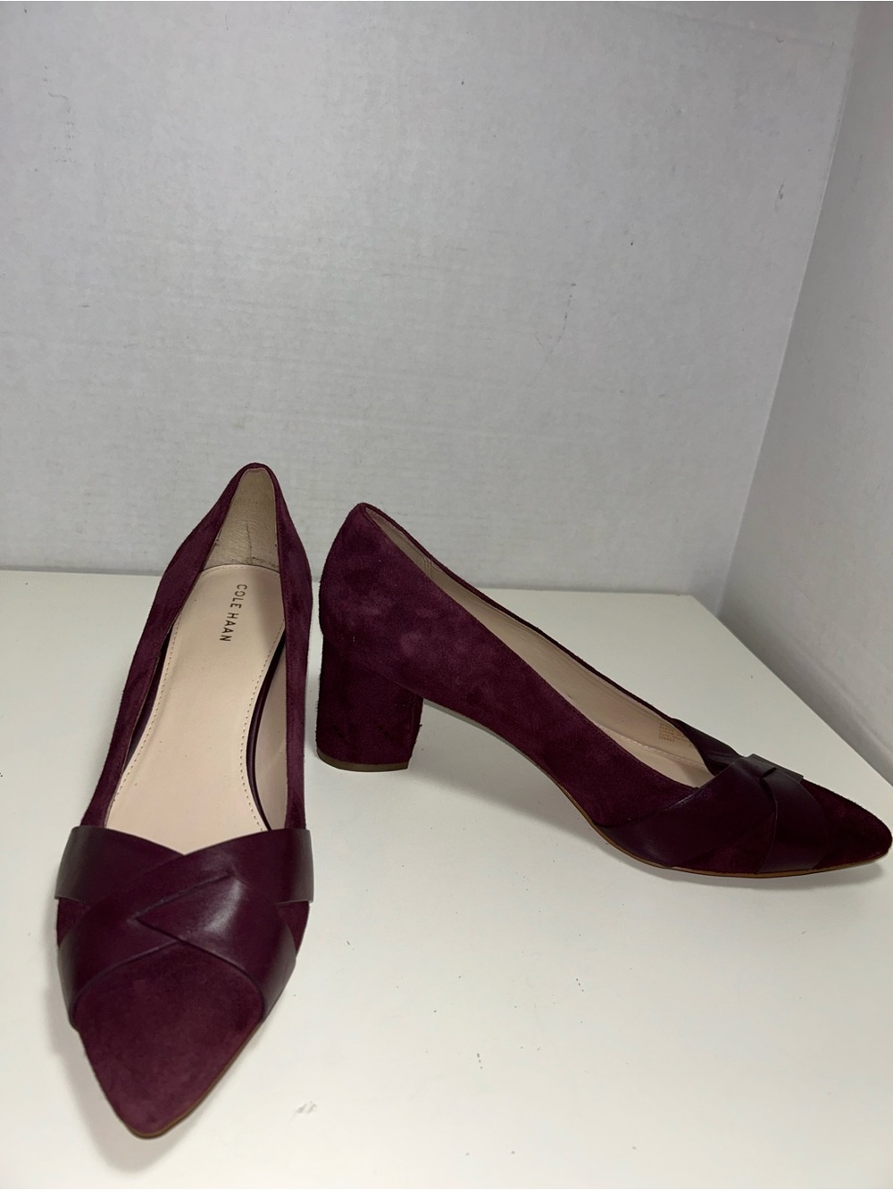 Cole Haan Carlee Burgundy Wine Suede Leather Pointed Toe Block Heel Pump